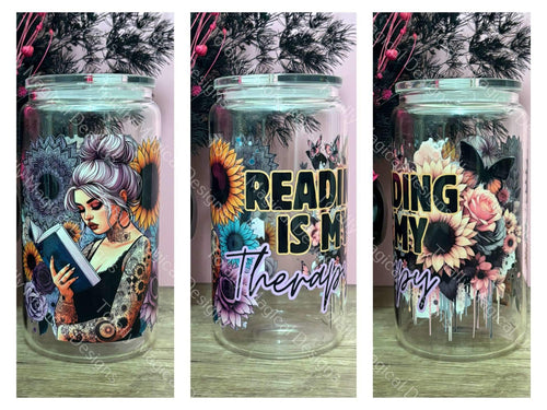 Reading is my therapy- 16oz Glass Tumbler